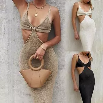 Модное женское сексуальное однотонное платье без рукавов с v-образным вырезом на подтяжках, длинное платье L хаки