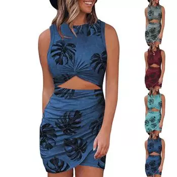 Модное женское сексуальное платье без рукавов с круглым вырезом и облегающим принтом M синий