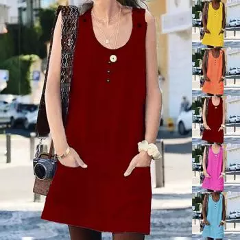 Модное женское сексуальное платье с карманами и пуговицами из хлопка и льна с бретельками и круглым вырезом L