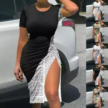 Модное женское сексуальное платье с круглым вырезом и коротким рукавом с разрезом на шнуровке XXL хаки