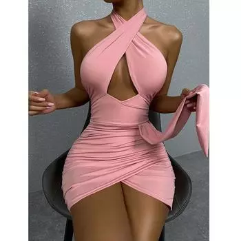 Модное женское сексуальное платье с вырезом на шее, облегающее мини-платье без рукавов XS розовый