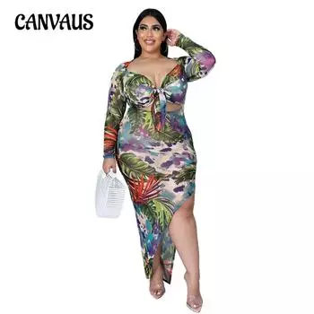Модное женское сексуальное платье с принтом и косым разрезом большого размера XL зелёный