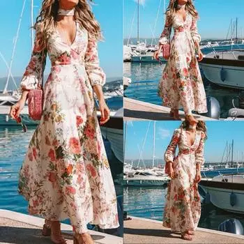 Модное женское сексуальное платье с длинным рукавом и принтом, с V-образным вырезом, вечернее платье L белый