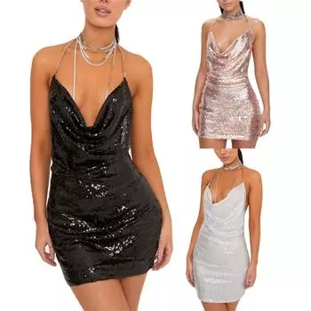 Модное женское сексуальное платье с ожерельем и блестками L чёрный