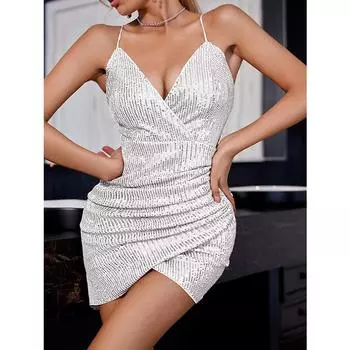 Модное женское сексуальное платье с открытой спиной, однотонное платье с блестками и подтяжками на бедрах S белый