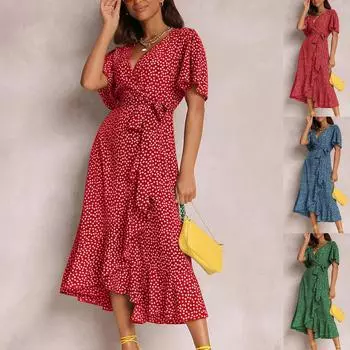 Модное женское сексуальное повседневное платье с v-образным вырезом и нерегулярным галстуком с высокой талией и коротким рукавом XL красный