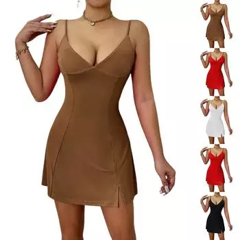 Модное женское сексуальное стильное платье-слинг с V-образным вырезом, без рукавов, на талии, однотонное L чёрный