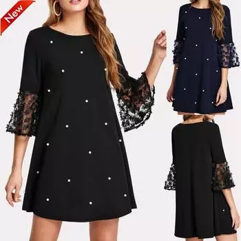 Модное женское сексуальное волнистое платье с длинным рукавом и круглым вырезом S чёрный