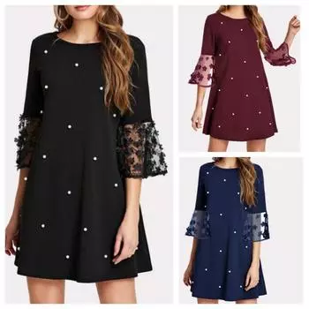 Модное женское сексуальное волнистое платье с длинным рукавом и круглым вырезом S чёрный