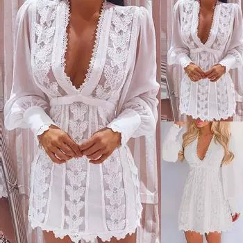 Модное женское сплошное цветное кружевное платье с V-образным вырезом, повседневное свободное платье с длинным рукавом