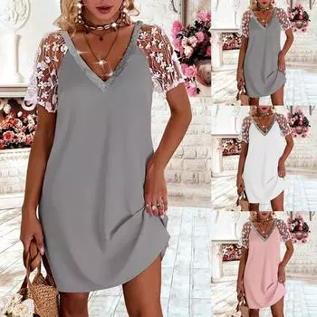 Модное женское сплошное цветное кружевное повседневное платье с v-образным вырезом и коротким рукавом L