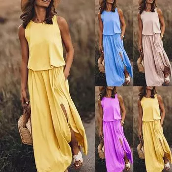 Модное женское сплошное платье с круглым вырезом без рукавов с высокой талией и разрезом L хаки