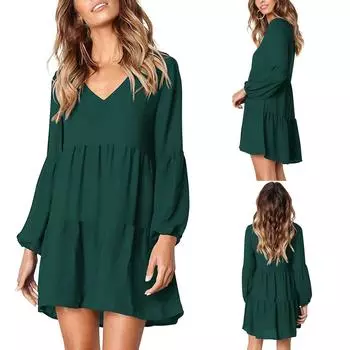 Модное женское сплошное свободное платье с v-образным вырезом и длинным рукавом XXL зелёный