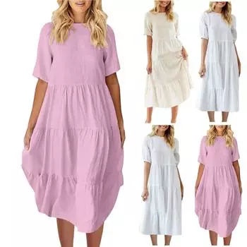Модное женское свободное хлопковое льняное платье с круглым вырезом и коротким рукавом, длинное платье