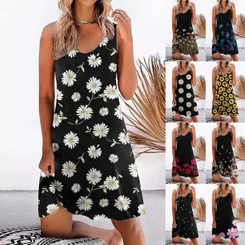 Модное женское свободное и удобное платье без рукавов с круглым вырезом и принтом L бежевый