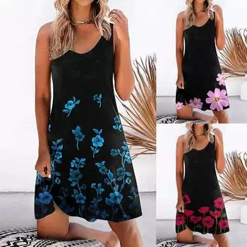 Модное женское свободное и удобное платье без рукавов с круглым вырезом и принтом L синий