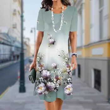 Модное женское свободное изящное платье-трапеция с цветочным принтом и коротким рукавом и принтом листьев XS зелёный