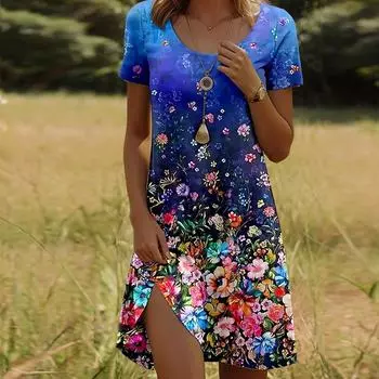 Модное женское свободное красивое цветочное платье с круглым вырезом и коротким рукавом с принтом листьев, свободное уличное платье А-силуэта XS зелёный