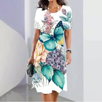 Модное женское свободное красивое платье-трапеция с принтом бабочек и коротким рукавом с круглым вырезом и принтом листьев XS синий