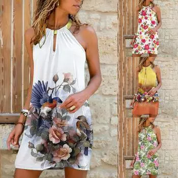 Модное женское свободное летнее платье без бретелек с висячим воротником и без рукавов с принтом XL красный