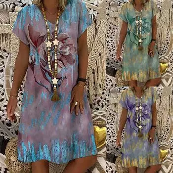 Модное женское свободное летнее повседневное платье с короткими рукавами и v-образным вырезом с принтом L зелёный