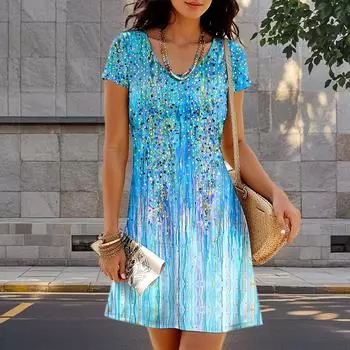 Модное женское свободное милое платье с принтом в виде О-образного выреза и коротким рукавом с принтом листьев, свободное уличное платье А-силуэта XS синий