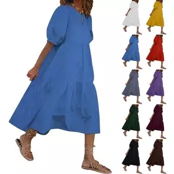 Модное женское свободное однотонное повседневное платье с пышными рукавами и короткими рукавами L чёрный