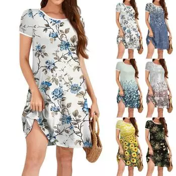 Модное женское свободное платье с цветочным принтом и принтом O-образным вырезом, коротким рукавом и принтом листьев, свободное уличное платье А-силуэта XS синий