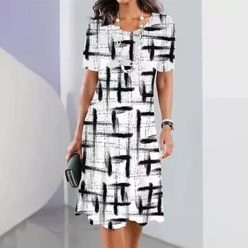 Модное женское свободное платье с геометрическим рисунком и принтом в виде О-образного выреза с коротким рукавом и принтом листьев, свободное уличное платье А-силуэта XS белый