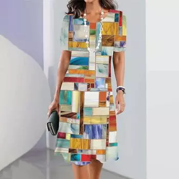 Модное женское свободное платье с геометрическим рисунком и принтом в виде О-образного выреза с коротким рукавом и принтом листьев, свободное уличное платье А-силуэта XS чёрный