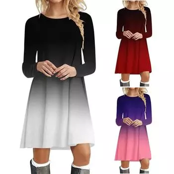 Модное женское свободное платье с градиентным принтом и круглым вырезом, длинным рукавом и принтом снеговика L серый