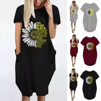 Модное женское свободное платье с карманами и принтом подсолнечника, повседневное платье с короткими рукавами M чёрный
