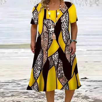 Модное женское свободное платье с леопардовым принтом и коротким рукавом с принтом листьев, свободное уличное платье А-силуэта XS синий