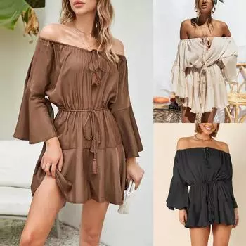 Модное женское свободное платье с регулируемым воротником и одним словом, однотонное платье с высокой талией и шнуровкой на шнуровке, с расклешенными рукавами L чёрный