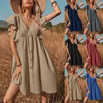 Модное женское свободное платье с v-образным вырезом, весенне-летнее платье-жилет без рукавов с рюшами и пуговицами XXXL чёрный