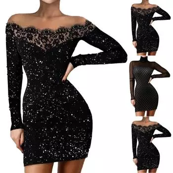 Модное женское свободное платье с v-образным вырезом и яркими стразами и длинными рукавами M чёрный