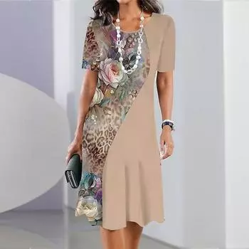 Модное женское свободное платье-трапеция с цветным принтом роз и круглым вырезом с коротким рукавом XS синий