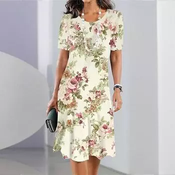 Модное женское свободное платье-трапеция с цветочным принтом и принтом в виде венка с круглым вырезом и коротким рукавом XS фиолетовый