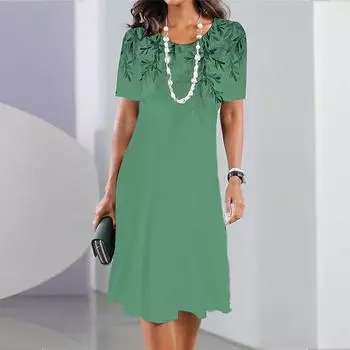 Модное женское свободное платье-трапеция с принтом листьев и коротким рукавом XS синий