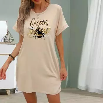 Модное женское свободное платье-трапеция с принтом медоносной пчелы и коротким рукавом XS чёрный