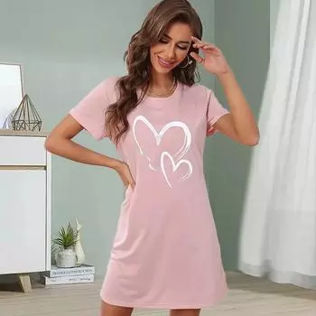 Модное женское свободное платье-трапеция с принтом Double Love и коротким рукавом XS розовый