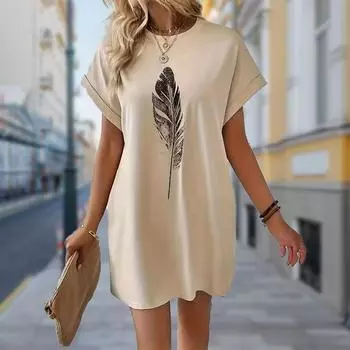 Модное женское свободное платье-трапеция с принтом роз и коротким рукавом XS дубильная кора