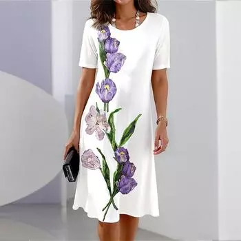 Модное женское свободное платье-трапеция с принтом Flores Convallariae и круглым вырезом с коротким рукавом XS белый