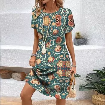 Модное женское свободное платье-трапеция с принтом подсолнухов и цветком, с круглым вырезом и коротким рукавом XS зелёный