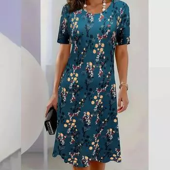 Модное женское свободное платье-трапеция с цветочным принтом и коротким рукавом и принтом листьев XS синий