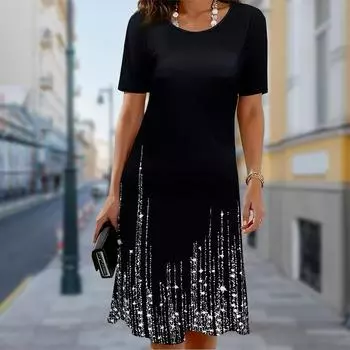 Модное женское свободное платье-трапеция с простыми линиями и принтом O-образным вырезом и короткими рукавами с принтом листьев XS синий