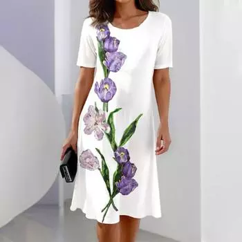 Модное женское свободное платье-трапеция с цветочным принтом и коротким рукавом с круглым вырезом и принтом листьев XS белый