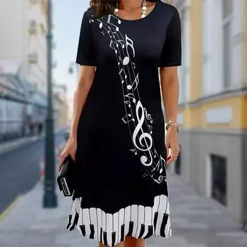 Модное женское свободное платье-трапеция с принтом фортепианной музыки и коротким рукавом с круглым вырезом и принтом листьев XS чёрный