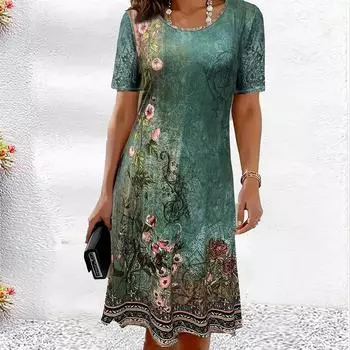 Модное женское свободное платье-трапеция с ретро-узором и принтом в виде листьев с коротким рукавом XS синий