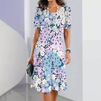 Модное женское свободное платье-трапеция с принтом цветов и растений, коротким рукавом и принтом листьев XS синий